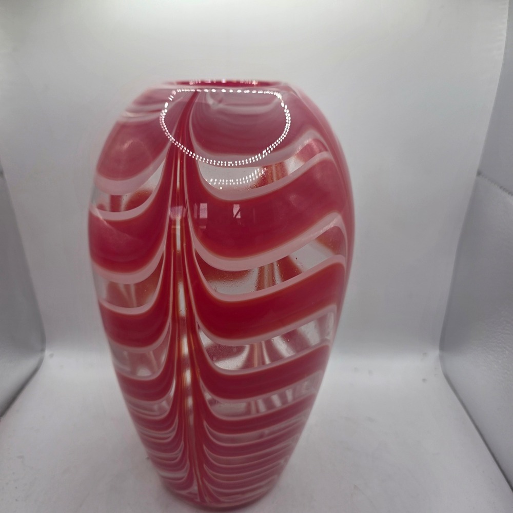 Large Hand Blown Art Glass Vase Red White Ribbon Swirl Clear MCM Style